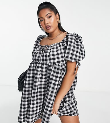 ASOS DESIGN Curve Exclusive parachute mini smock dress in mono check-Multi