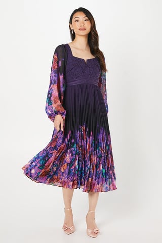 Placement Print Lace Bodice Pleated Skirt Midi Dress