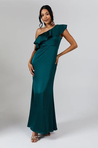 Ruffle Detail One Shoulder Satin Bridemaids Dress