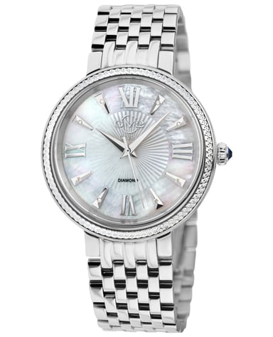 GV2 dames Padova edelsteen Zwitserse quartz diamanten witte wijzerplaat, bruine bloemen lederen band