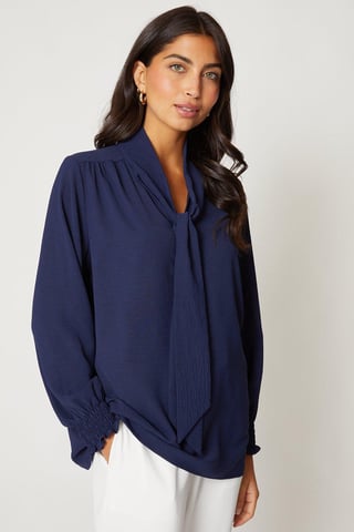 Tie Neck Shirred Cuff Top
