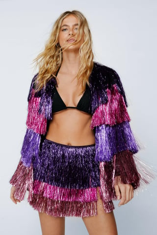 Multicolored High Waisted Tinsel Fringe Shorts