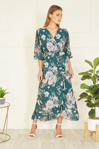 Teal Floral Wrap Midi Dress With Frill