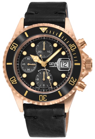 Gevril Mens Wall Street Swiss Automatic ETA 7750 Ceramic Bezel, Genuine Handmade Italian Leather Watch