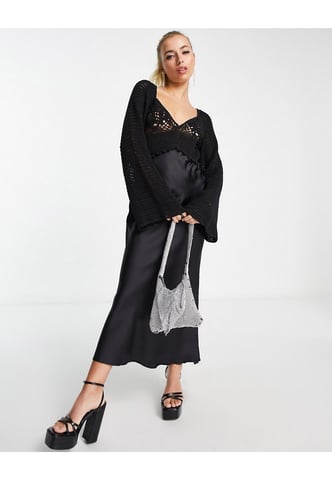 ASOS DESIGN long sleeve crochet bodice satin maxi dress in black