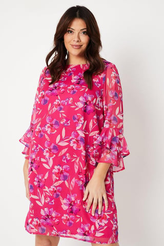 Curve Flute Sleeve Floral Shift Dress