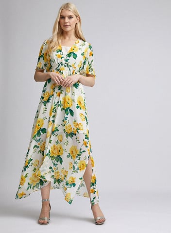 Dorothy Perkins Womens Yellow Floral Print Midi Short Sleeve V Neck Dress