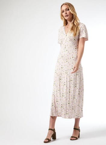 Dorothy Perkins Womens Tall Pink Floral Print Midi Jersey Dress Casual Summer