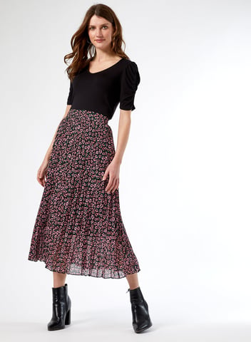 Dorothy Perkins Womens Multi Floral Print Pleated Midi Skirt Casual Bottoms