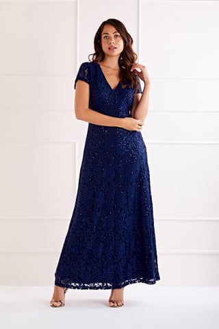 Navy Embellished V Neck Lace Maxi Dress