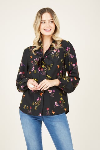 Bird Print Pussy Bow Blouse