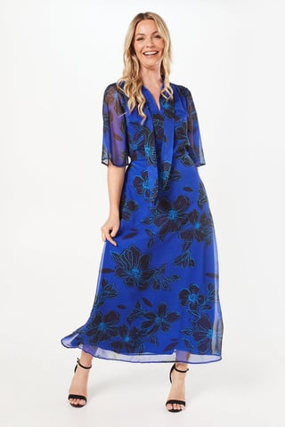 Tall Blue Floral Tie Neck Midi Dress