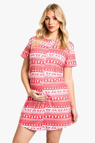 Maternity Christmas Fairaisle Print 2 Pack Peached Button Down Nightie
