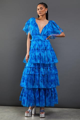 Tulle Floral Plunge Neck Flutter Sleeve Tier Maxi Dress