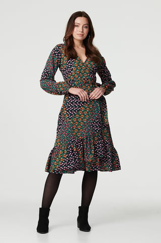 Black Patchwork Print Ruffled Wrap Dress