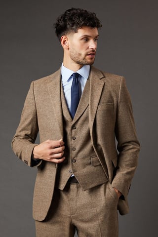 Light Brown Tweed Look Tailored Fit Suit Jacket