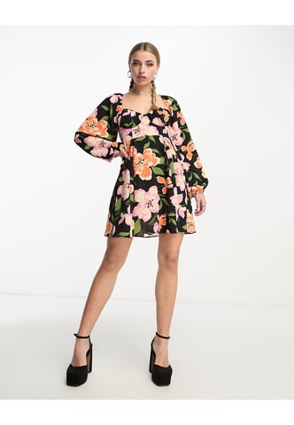 ASOS DESIGN babydoll open back mini skater dress with godets in large black floral-Multi