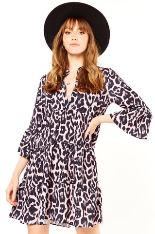 Pink Animal Print Smock Tiered Mini Dress