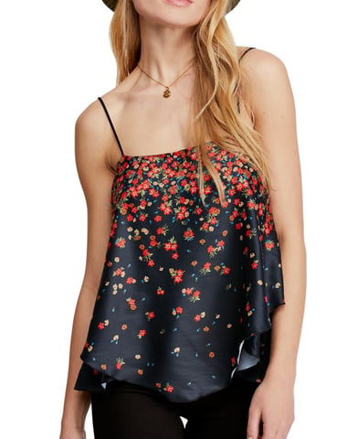 Free People Women's Top Black Red Cami Satin Ditsy Tiered
