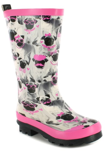 New girls/childrens grijs/roze schattige pug print wellington laarzen