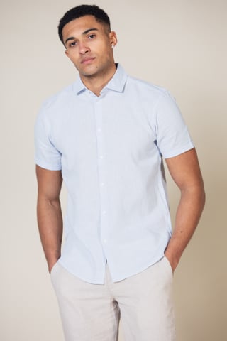 Blue 'Jafari' Linen Blend Short Sleeve Button-Up Shirt