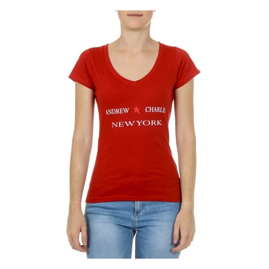 Andrew Charles Womens T-Shirt Short Sleeves V-Neck Red TAPIWA