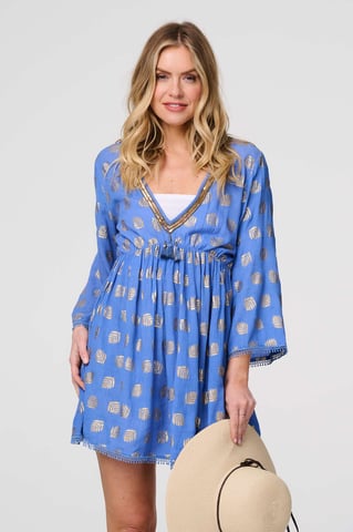 Blue Foiled Leaf Print Short Beach Dress