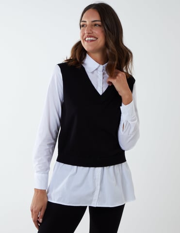 2 in 1 gebreide vest en collared shirt top