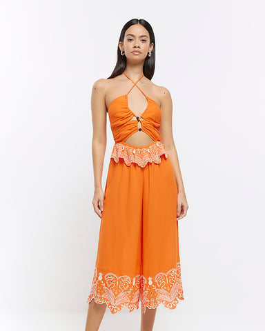 River Island Womens Jumpsuit Orange Halter Neck Cut Out