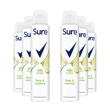 Sure Women Deodorant Spray Pear & Jasmine with 48Hrs Protection 200ml, 6 Pack