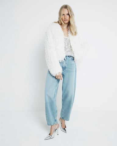 River Island Womens Jacket Cream Faux Feather Trophy