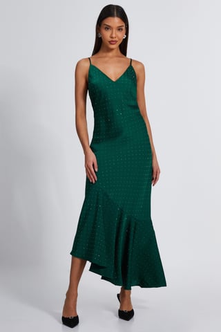 Bottle Green Satin Asymmetric Midaxi Dress
