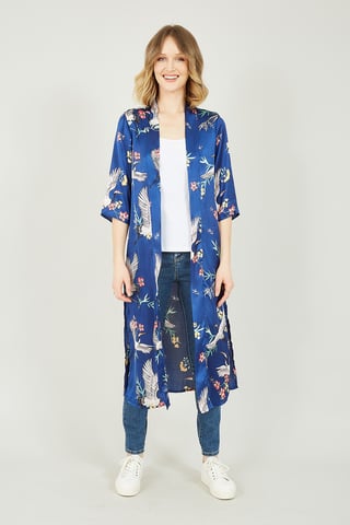 Yumi marineblauwe satijnen kimono met kraanvogelprint