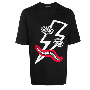 Neil Barrett Lightning Bolt Face Print Black Oversize Tee