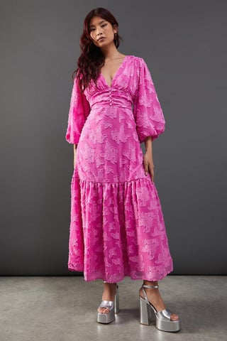 Burnout Chiffon Plunge Neck Ruched Bodice Peplum Midi Dress