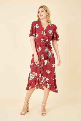 Red Floral Dip Hem Wrap Midi Dress