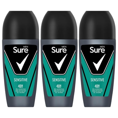Sure Men Sensitive Antiperspirant Roll On 48H Sweat & Odour Protection, 3x50ml
