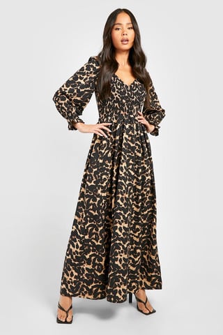 Petite Leopard Shirred Detail Maxi Dress