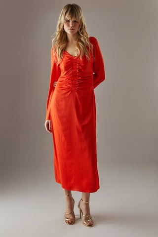 Crinkle Satin Ruched Front Column Midi Dress