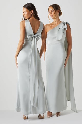 Bow Back V Neck Satin Bridesmaids Dress