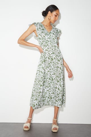 Petite Safari Ruffle Sleeve Button Midi Dress
