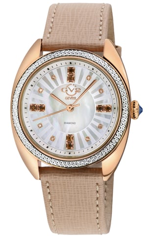 GV2 Women's Palermo Diamond Swiss Quartz MOP Blue Dial, Genuine Tan Handmade Leather Watch