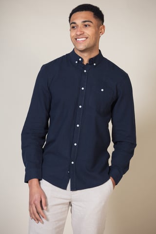 Navy Linen Blend Long Sleeve Button-Up Shirt With Chest Pocket