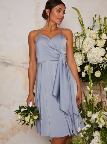 Satin Cami Strap Wrap Midi Dress in Blue