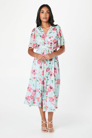 Petite Floral Mesh Twist Midi Dress