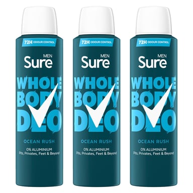 Sure Men Whole Body Deodorant Spray Ocean Rush w/ 72H Odour Control 150ml, 3pk