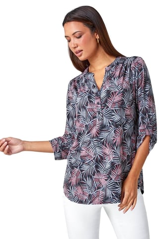 Leaf Print V-Neck Stretch Jersey Blouse