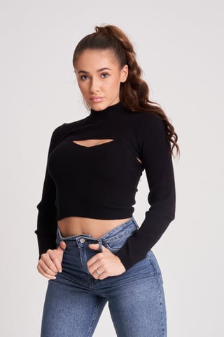 Black 2in1 Long Sleeve Crop Jumper & Vest Set