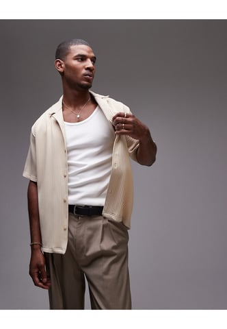 Topman short sleeve regular fit revere plisse shirt in stone-Neutral