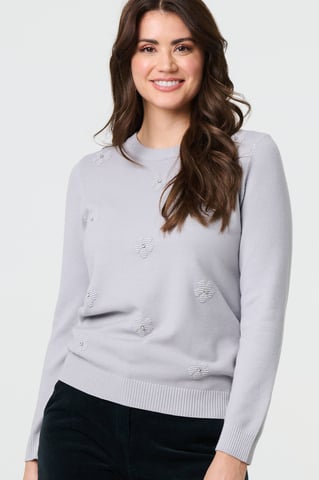 Grey Floral Gemstone Embellished Jumper